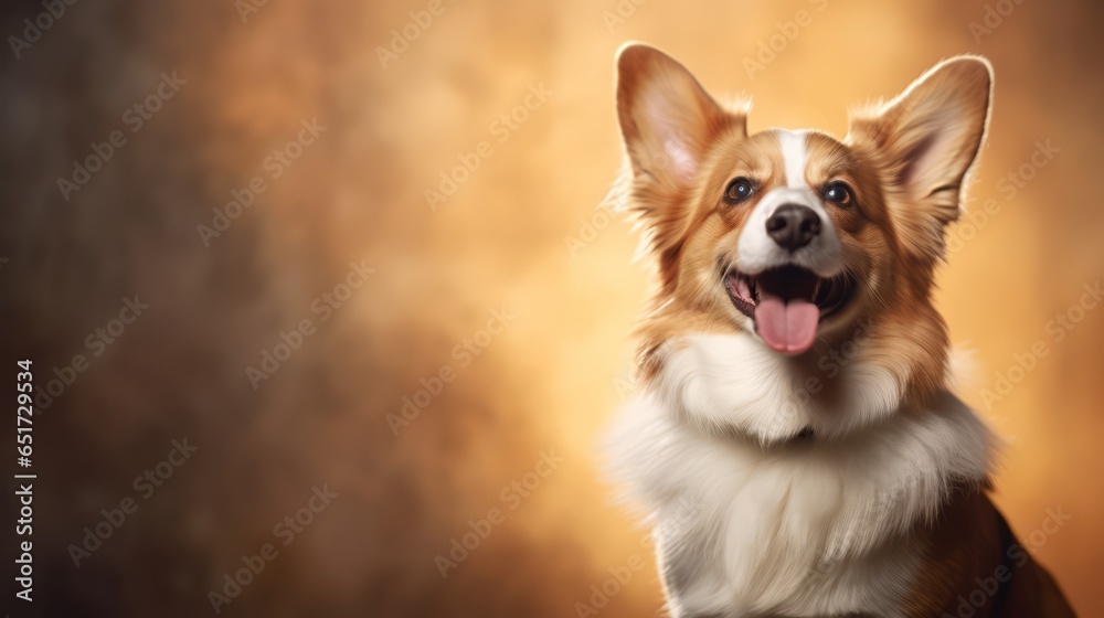 Corgi dog.Corgi dog portrait close up. Horizontal banner poster background. Copy space. Photo texture AI generated