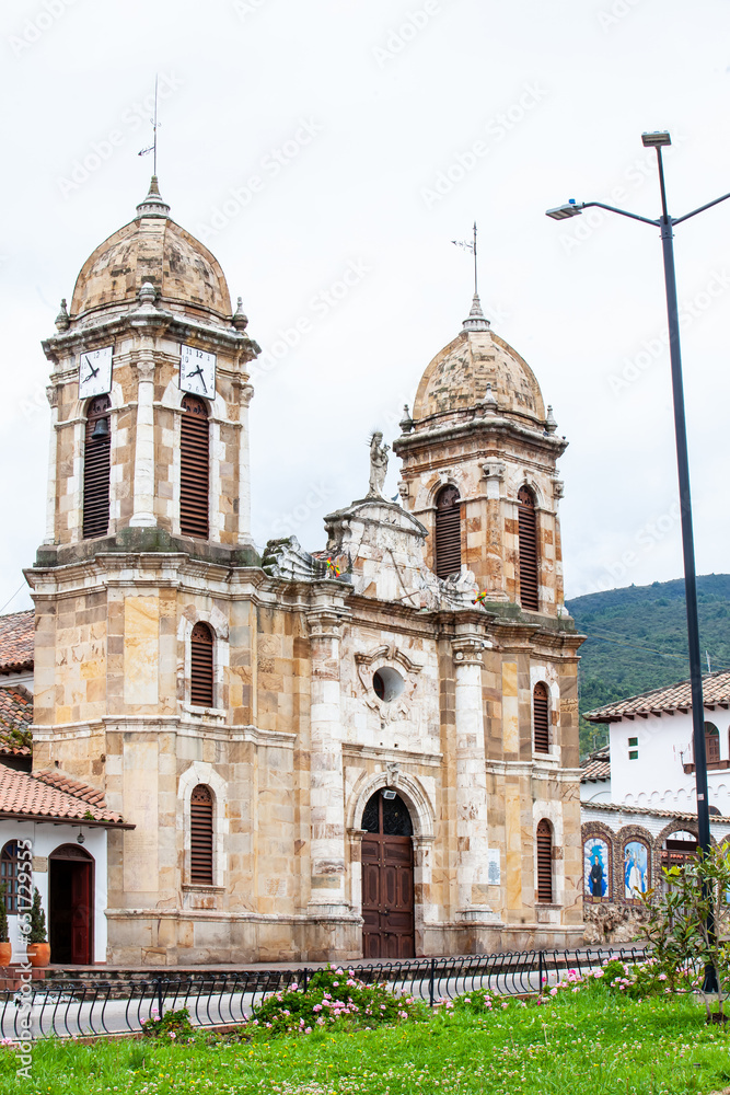 Historical Our Lady of the Rosary Church at the central square of the small town of Tibasosa located in the Boyaca department in Colombia