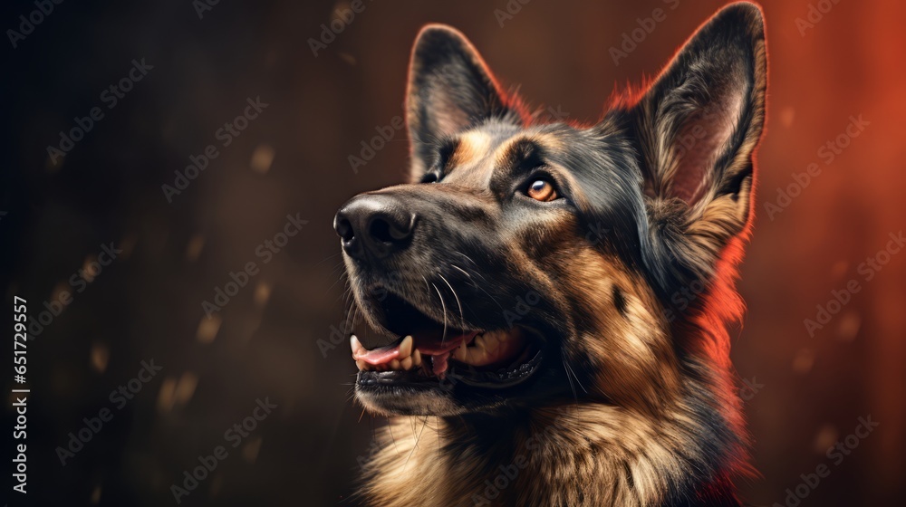 German Shepherd dog.German Shepherd dog portrait close up. Horizontal banner poster background. Copy space. Photo texture AI generated German Shepherd dog.German Shepherd dog portrait close up. Horizontal banner poster background. Copy space. Photo texture AI generated