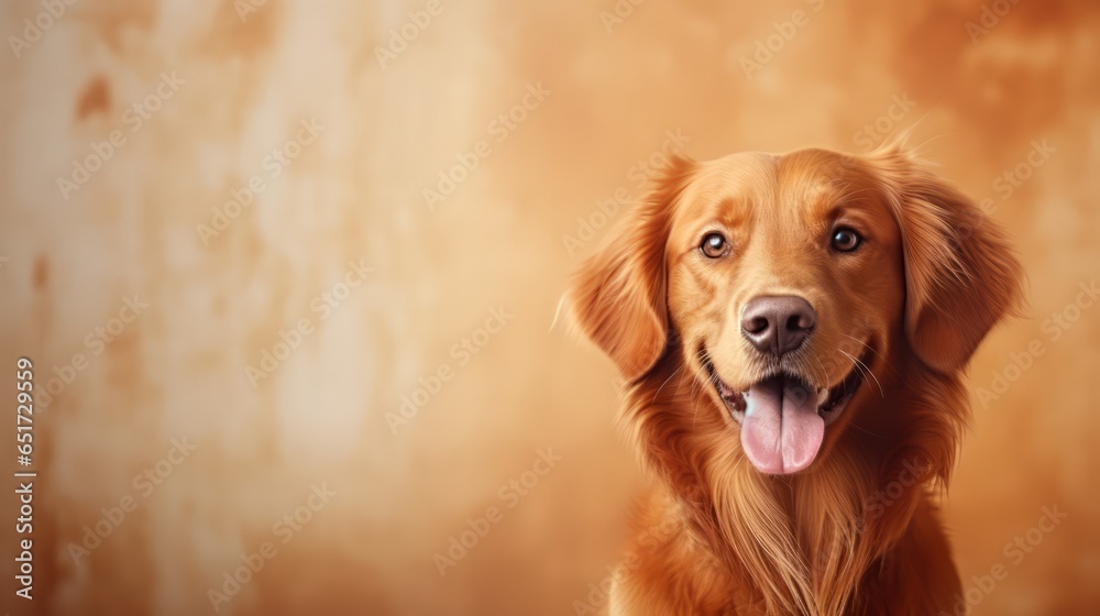 Golden Retriever dog portrait close up. Golden Retriever dog. Horizontal banner poster background. Copy space. Photo texture AI generated