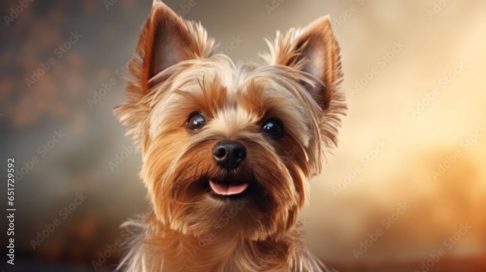 Yorkshire Terrier dog. Yorkshire Terrier dog portrait close up. Horizontal banner poster background. Copy space. Photo texture AI generated