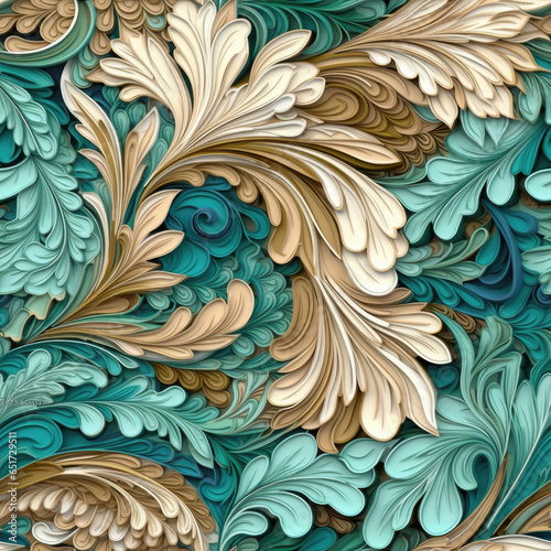 Natural embroidery fantasy rococo flowing seamless pattern, AI Generated