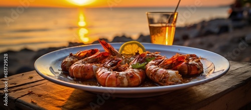 Fototapeta Naklejka Na Ścianę i Meble -  Beach club restaurant serves grilled prawns on a white plate in Mahahual Mexico on 10 2023