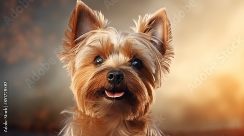 Yorkshire Terrier dog. Yorkshire Terrier dog portrait close up. Horizontal banner poster background. Copy space. Photo texture AI generated © Magiurg