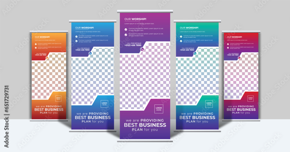 5 color bundle of business roll up banner stand  design template with clean mockup  layout  2023.  X banner, dl flyer, pop up, pull up design for company marketing and advertising .