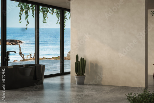 Modern bathroom with beige walls, concrete floor and comfortable basin with black faucet, drawer, oval mirror hanging on wall, plants, bathtub, pool and sea view.  3d Rendering