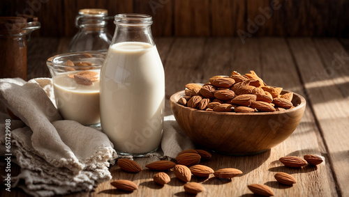 Bottle with milk, almonds on old background