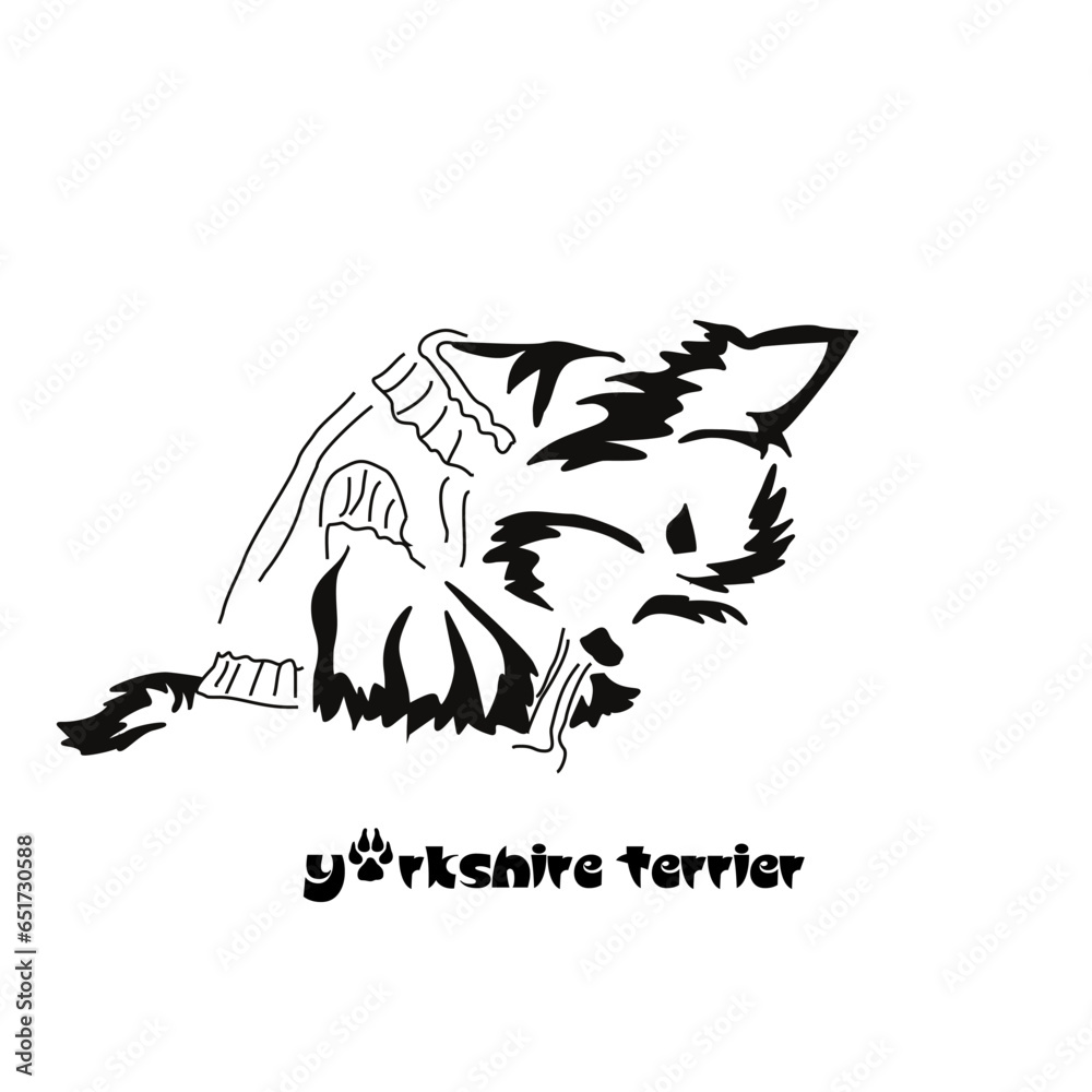 Fototapeta premium Logo of a small dog breed Yorkshire terrier. A dog chewing on a large bone. Animal Gestalt Design
