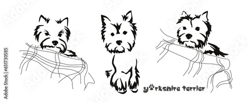 Logo of a small dog breed Yorkshire terrier. Proudly sitting dog. Animal Gestalt Design