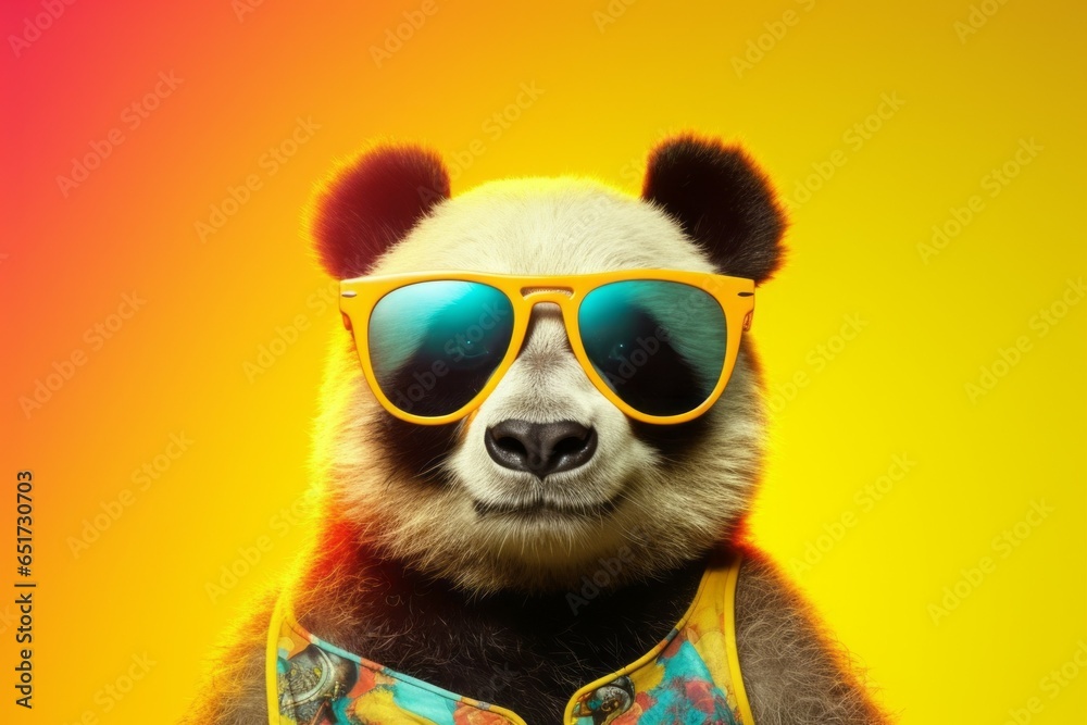 Cute panda in sunglasses. Portrait with selective focus and copy space