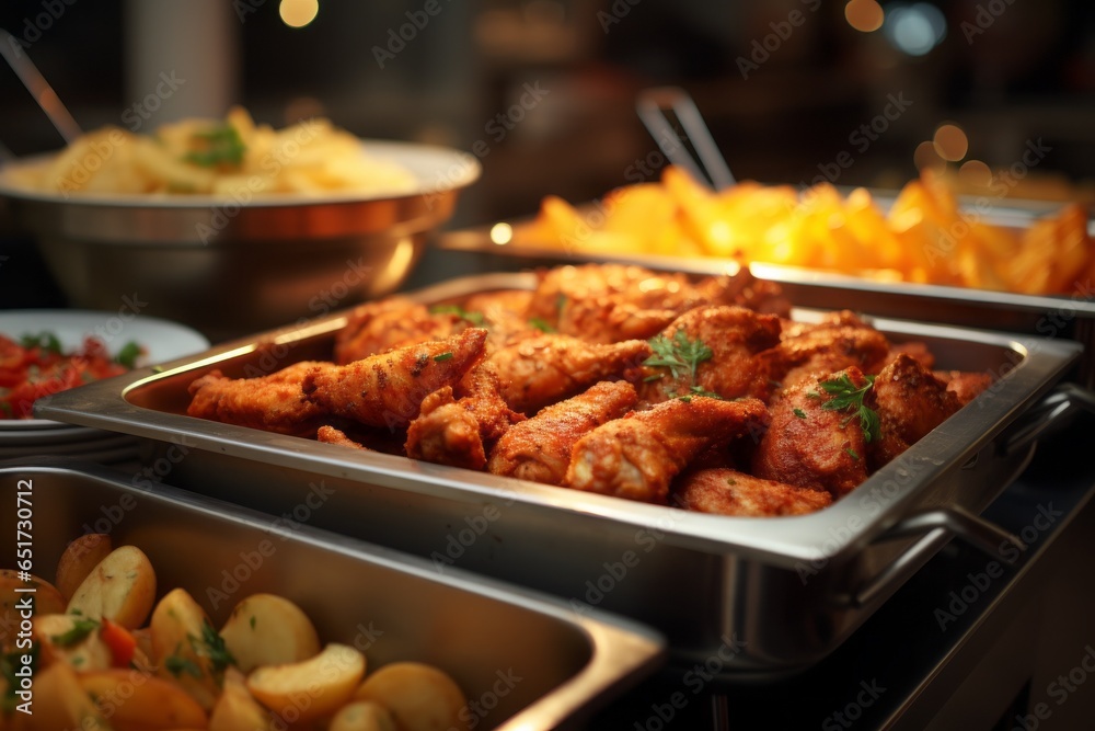Public catering with appetizing food. Background with selective focus and copy space