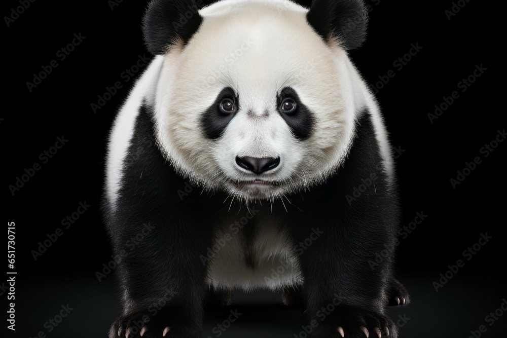 Panda on a black background. Portrait with selective focus and copy space