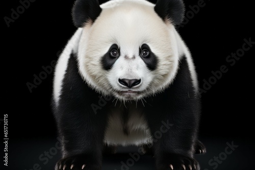 Panda on a black background. Portrait with selective focus and copy space