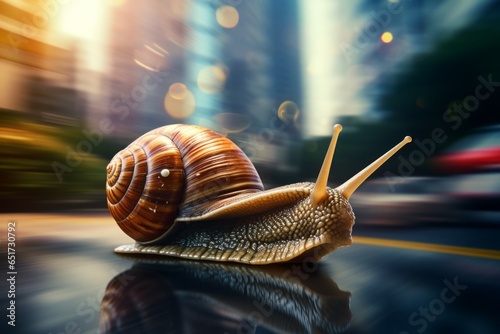 A snail running at high speed with motion blur. Background with selective focus and copy space