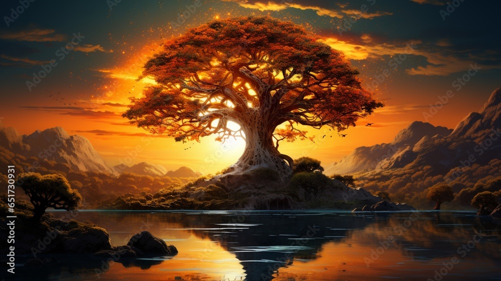 Spherical ancient tree sunset painting image AI generated art - obrazy, fototapety, plakaty 