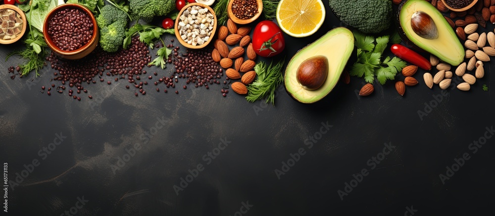 Healthy vegan food including legumes nuts seeds avocado and green peas displayed on a light stone background