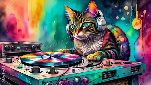 Illustration of a cat being a dj in front of a turntable in bright colors