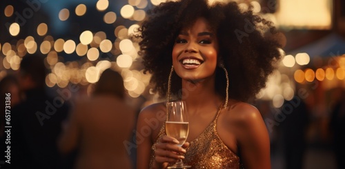 Print op canvas A radiant young black woman in an elegant evening dress smiles while holding a glass of champagne, set against a luxurious party backdrop