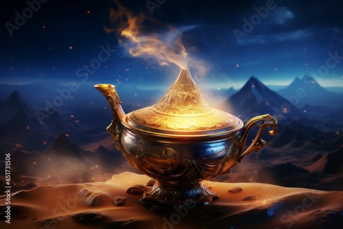 Aladdin's lamp. Fairy tale or legend concept. Background with selective focus and copy space