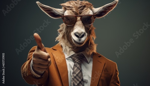 A goat in human form wearing the suit of an office businessman. fashionable Ram. Made in AI