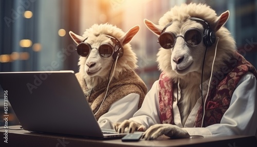 Sheep or llama office worker working at a laptop. Made in AI photo