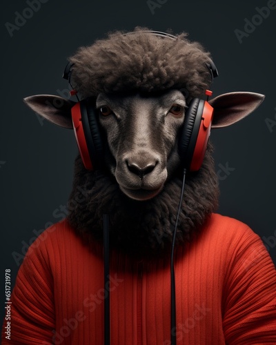 A sheep or llama in headphones listens to music, an animal in the human guise of a fashionable Ram. Made in AI