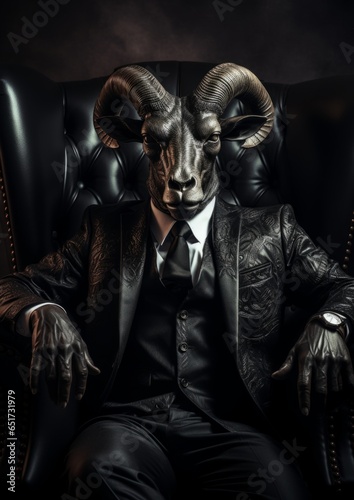 A goat in human form wearing the suit of an office businessman. fashionable Ram. Made in AI