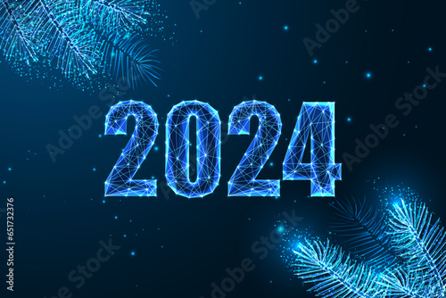 Abstract 2024 Happy New Year digital web banner with evergreen branches in futuristic style on blue