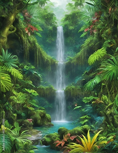 Lush and vibrant rainforest with a waterfall, Ai