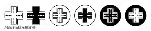 crossroad Icon. Highway intersection cross road path way for vehicle drive symbol set. Travel roadside overpass or crossroad stretch vector sign. Road crossing interchange logo. Crossroad junction