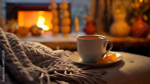 Photo of a steaming cup of coffee next to a cozy fireplace