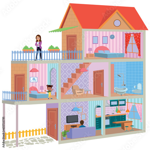 One cut cartoon house and children
