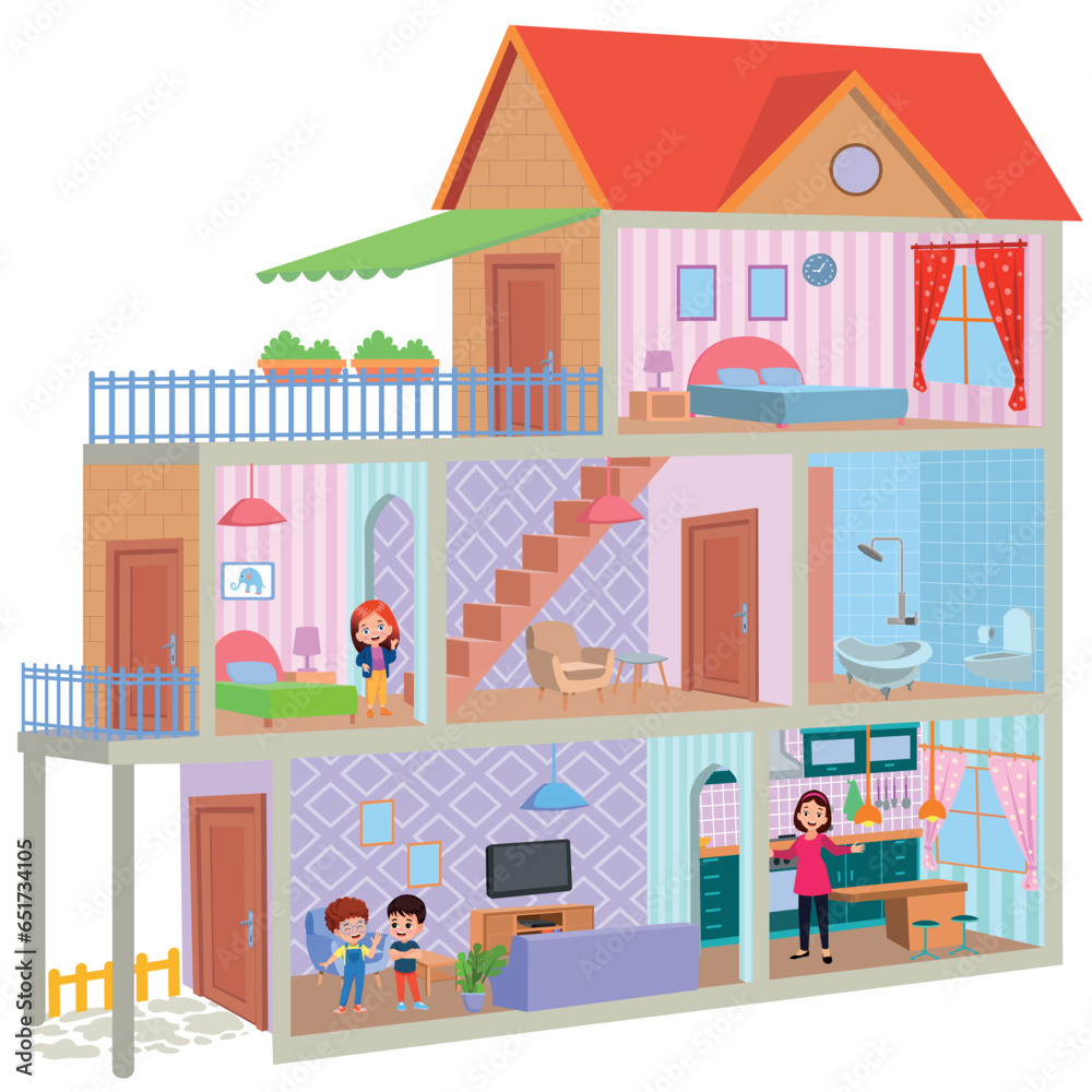 One cut cartoon house and children