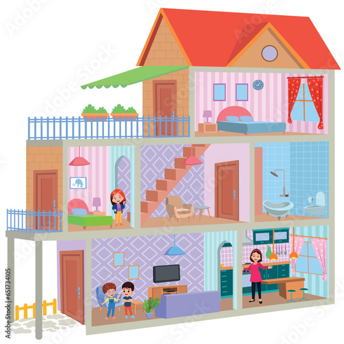 One cut cartoon house and children