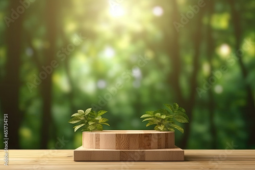 Wooden product display podium with blurred nature leaves on green background 3d rendering