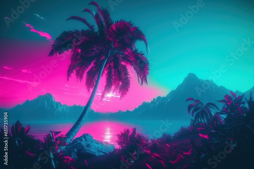 Tropical island beach in vaporwave and synthwave style. Palm tree  mountains  sea