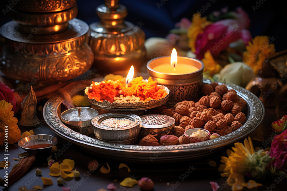 A beautifully decorated puja thali with offerings for prayers and blessings during Diwali. Generative Ai. - obrazy, fototapety, plakaty 
