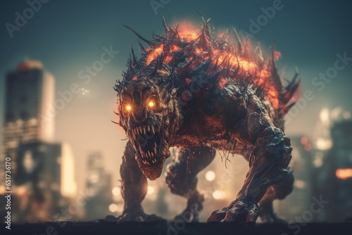   reepy space monster with glowing eyes is attacking residential areas of the city