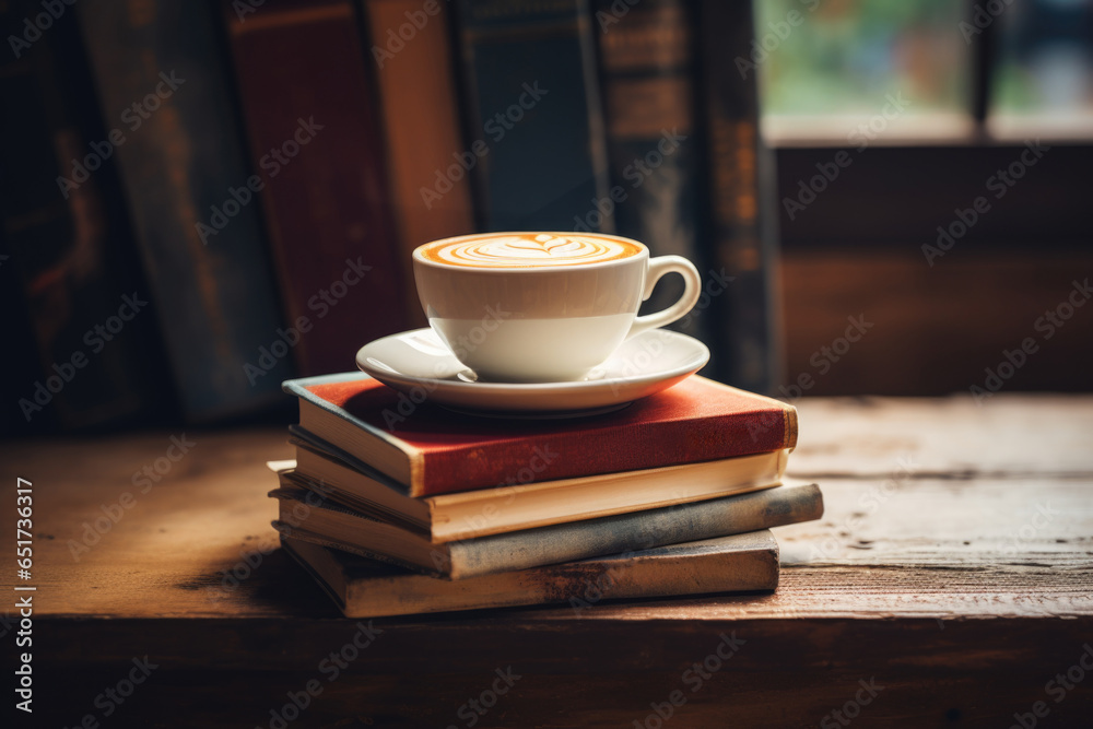 Cafe concept in a bookstore cappuccino point standing on books on a wooden background. Reading and drinking coffee. Cafe concept in a bookstore cappuccino point standing on books on a wooden background. Reading and drinking coffee.