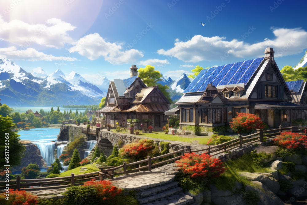 Ideal town of future, village. Small houses near river, on roofs of which there are solar panels;. Bright sunny day. Rural landscape.