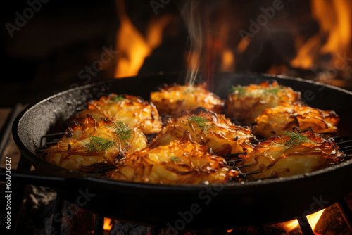 Delicious homemade latkes sizzling in a pan, a traditional Hanukkah treat. Generative Ai. photo