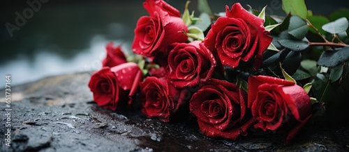 Fototapeta Naklejka Na Ścianę i Meble -  Outdoor funeral ceremony with space for text on black granite tombstone and red roses