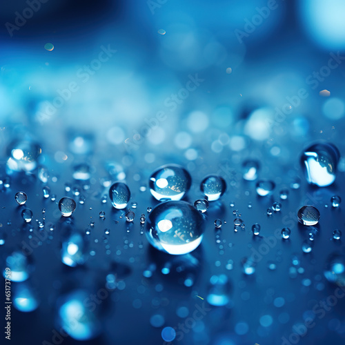 Abstract closeup of water bubbles on a surface. Shiny reflective rain droplets. Dynamic deep blue Wallpaper background isolated. Waterdroplet texture, sharpness, extreme detail,minimalist. Macro photo