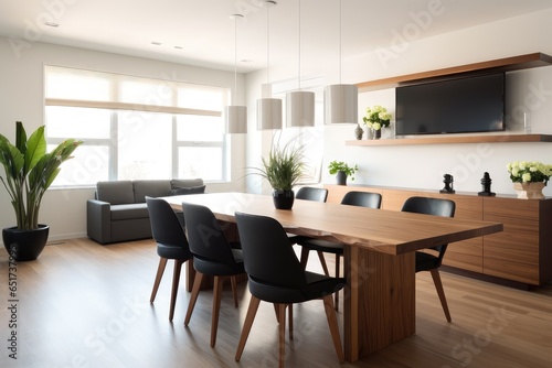 A set of tables and chairs in a modern bright restaurant interior © evening_tao