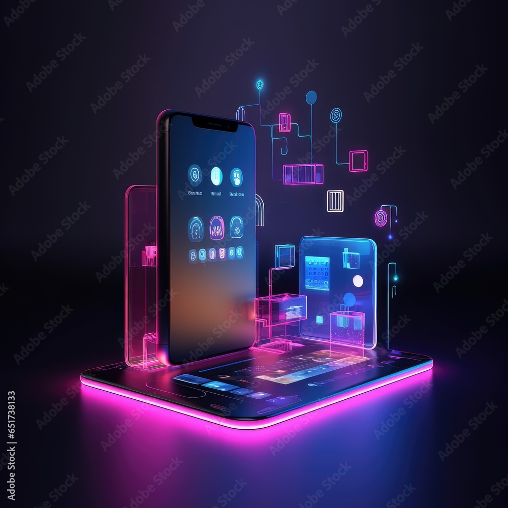Smart home, interconnection between mobile phone and home appliances, AI generation - obrazy, fototapety, plakaty 