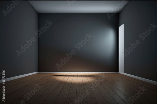 Dark empty rooms with wooden floors and dramatic lighting, AI generated © evening_tao