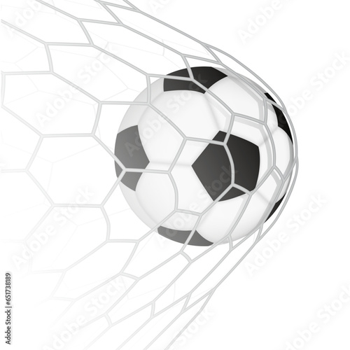 Square illustration of football ball in net  goal moment in soccer or European football match.