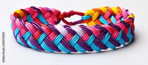 Colorful woven DIY friendship bracelets made of bright embroidered thread with knots isolated on a white background