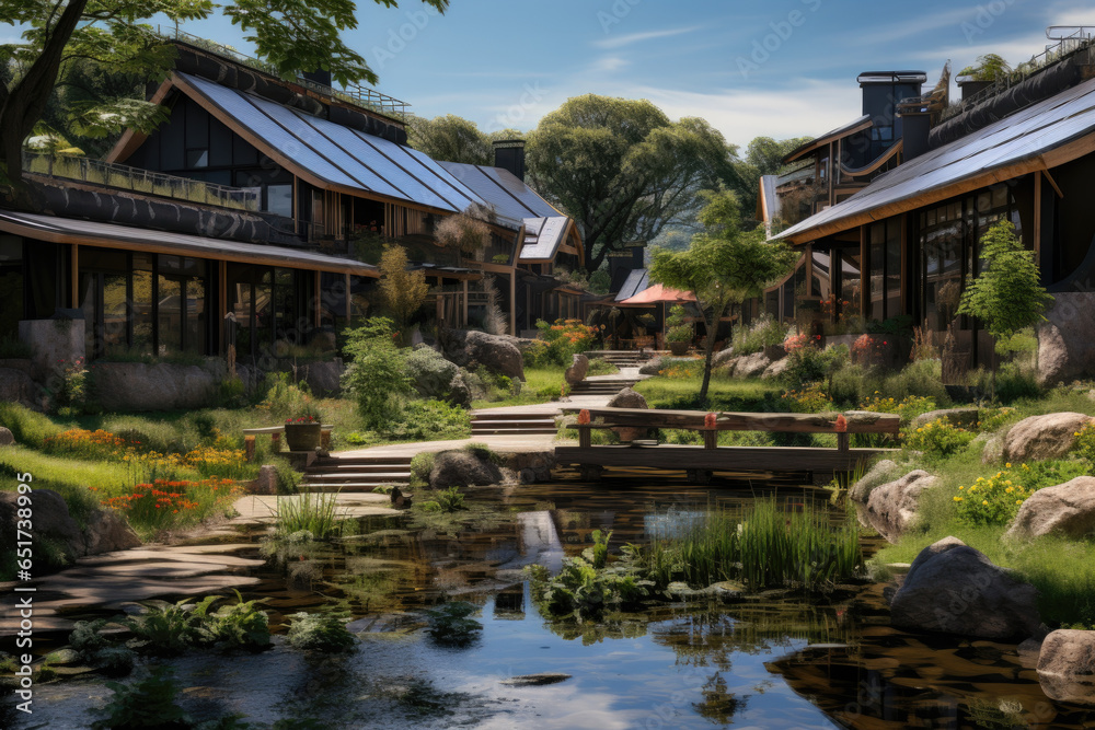 A sustainable eco-village showcasing innovative energy-efficient building designs. Generative Ai. A sustainable eco-village showcasing innovative energy-efficient building designs. Generative Ai.