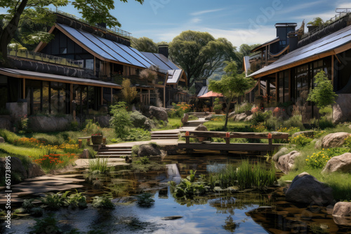 A sustainable eco-village showcasing innovative energy-efficient building designs. Generative Ai.